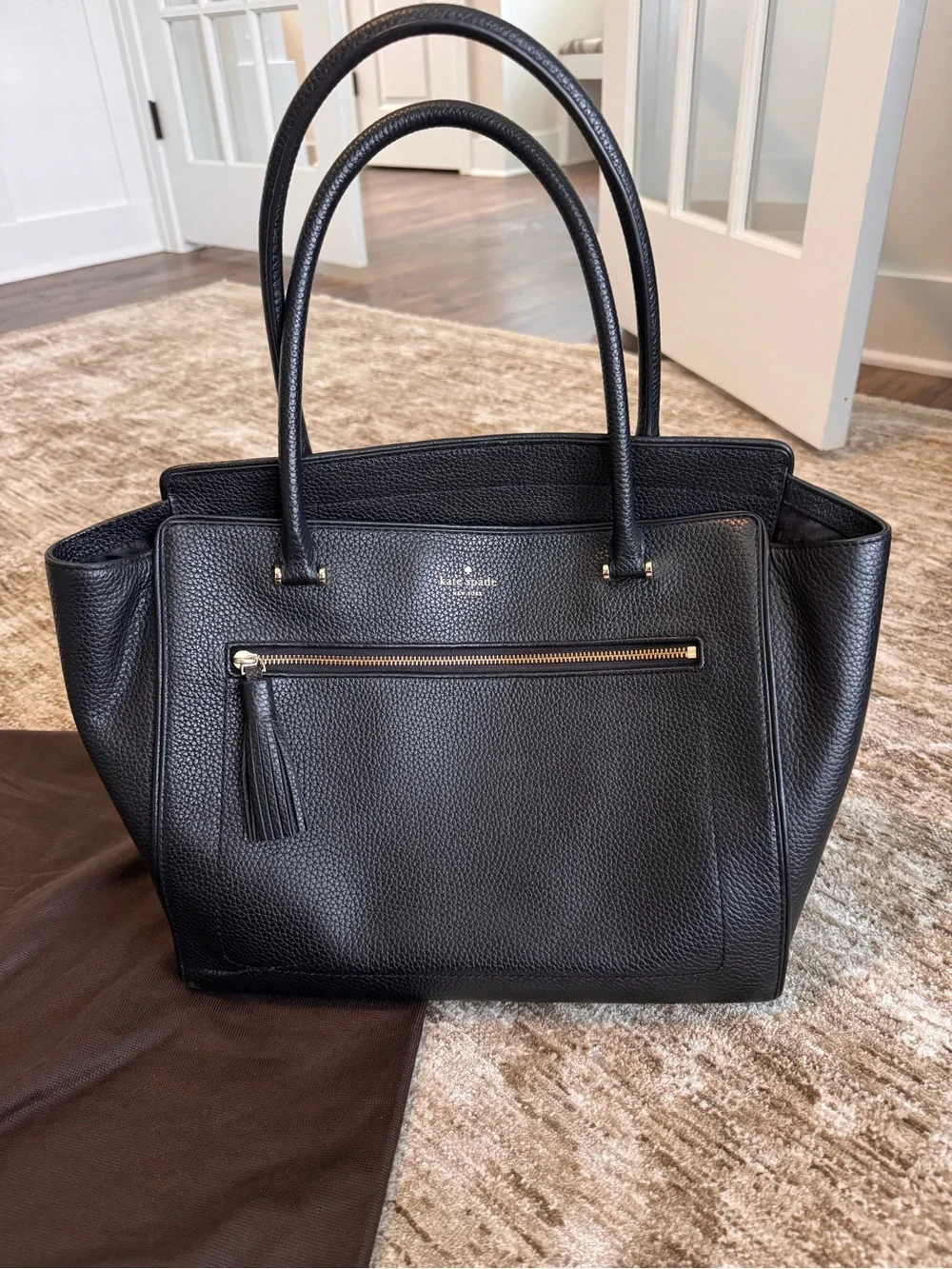 Kate Spade Black Pebbled Leather Tote with Exterior Zip Pocket